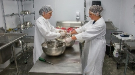 Food handlers in hairnets preparing food safely in a commercial kitchen – learn Food Hygiene online with OHSC