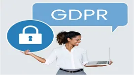 A professional holding a laptop with GDPR and security icons displayed, representing advanced data protection and compliance topics taught in Level 5 GDPR diploma courses.