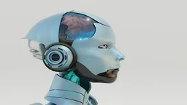 Humanoid robot with exposed digital brain structure, symbolizing creativity, neural processing, and concepts behind generative artificial intelligence.