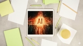 Tablet displaying glowing AI graphics surrounded by stationery, representing OHSC’s free Generative Artificial Intelligence course.
