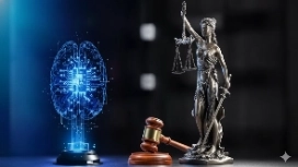 Digital AI brain beside legal symbols representing innovation, idea generation and creative thinking for modern business solutions.
