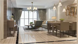 Modern living and dining room interior with stylish furniture and lighting, representing Level 4 Diploma in Interior Design training.