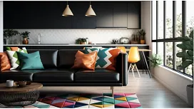 Modern living space with bold geometric cushions, sleek black sofa and bright décor, representing Level 1 Award in Interior Design.