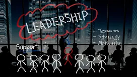 Leadership-themed illustration with stick figures and strategy keywords against an office city backdrop, representing advanced Level 7 leadership and management training.