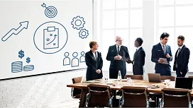 Business professionals discussing strategy in a meeting room with leadership and planning icons on a whiteboard, representing Level 3 people management training.