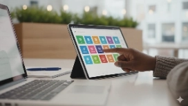 Professional using a tablet and laptop to strengthen logical reasoning, analytical thinking and decision-making skills online.