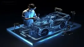 Person using VR tools to examine a holographic car model, representing machine learning applications in automotive design, diagnostics, and smart vehicle systems.