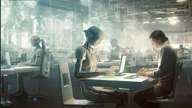 Humans and robots working side by side in a modern office, representing how AI supports workforce management and collaborative productivity.