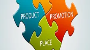 A colorful puzzle graphic illustrating the marketing mix elements—product, promotion, and place—representing core marketing concepts.