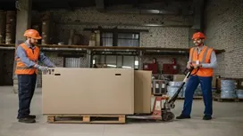 Two warehouse workers in safety gear move a large pallet box with material handling equipment, illustrating efficient logistics operations.