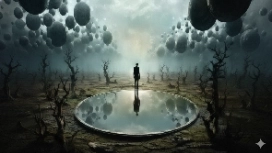 Surreal digital artwork of a lone figure in a reflective landscape with floating spheres, illustrating creativity in Midjourney AI free course.