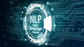 Futuristic digital interface displaying the text “NLP – Natural Language Processing,” symbolizing AI systems that understand and analyze human language.