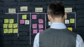 Professional reviewing workflow management board with task tracking notes for office and office management processes
