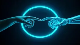 Human hand reaching toward a robotic hand inside a glowing blue circle, symbolizing collaboration and innovation in OpenAI technologies.