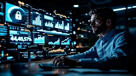Person analyzing multiple cybersecurity dashboards with charts and threat indicators, representing predictive analytics used to identify and prevent cyberattacks.