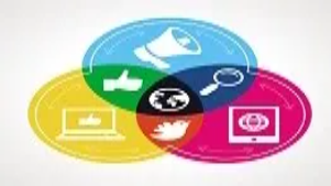 A colorful Venn diagram with marketing, search, social media, and digital icons representing foundational skills in product management and market awareness.