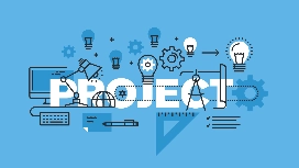 Illustrated project management icons with gears, charts and lightbulbs on a blue background, representing key project planning and execution skills
