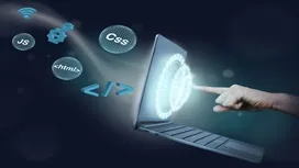 Hand interacting with a glowing digital interface on a laptop surrounded by coding icons, representing beginner-friendly Python programming concepts.