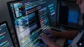 Person typing code on a large monitor with colorful syntax, representing beginner-friendly Python programming in OHSC’s free course.