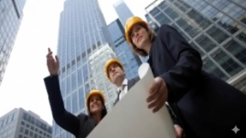 Construction professionals using gestures and teamwork, illustrating body language, communication skills and non-verbal cues