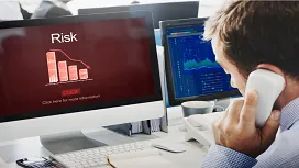 A professional reviewing risk indicators on a computer monitor, illustrating key concepts introduced in entry-level risk management courses.