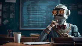 Robot student sitting at a desk with notebooks and a chalkboard behind, symbolizing learning fundamental machine learning concepts with Scikit-Learn.