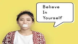 A person blowing bubble gum with a “Believe in Yourself” message, symbolizing confidence, reflection, and self-awareness supported by AI tools.
