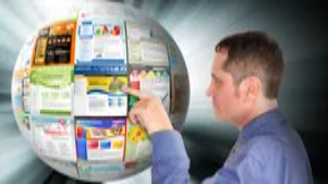 A man interacts with a digital sphere displaying multiple website snapshots, representing online engagement and social media marketing concepts.