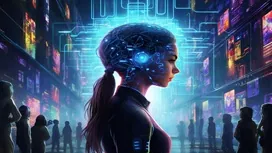 A futuristic illustration of a woman with a glowing AI-enhanced brain, symbolizing strategic thinking and decision-making in an AI-driven world.