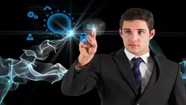 A professional interacting with a glowing digital AI interface, symbolizing how AI enhances success skills, efficiency, and modern workplace performance.