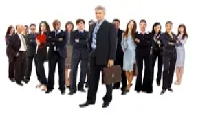 A team of business professionals standing confidently behind a leader, representing leadership and coordination in advanced team management.