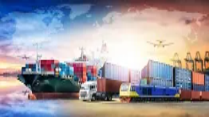Global transport scene with cargo ships, freight trucks, trains and aircraft, representing key concepts taught in Level 3 transport management courses.