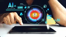 A person interacting with a tablet displaying a glowing AI brain interface, symbolizing clustering and pattern discovery in unsupervised learning.
