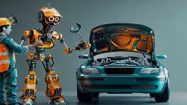 Robot mechanic assisting a worker in diagnosing a car engine, symbolizing automated machine learning tools simplifying complex tasks.
